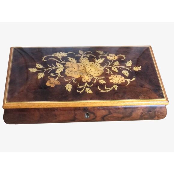 Sorento Italian Wooden Music Box Floral Velvet Lining Footed Jewelry - Picture 1 of 12
